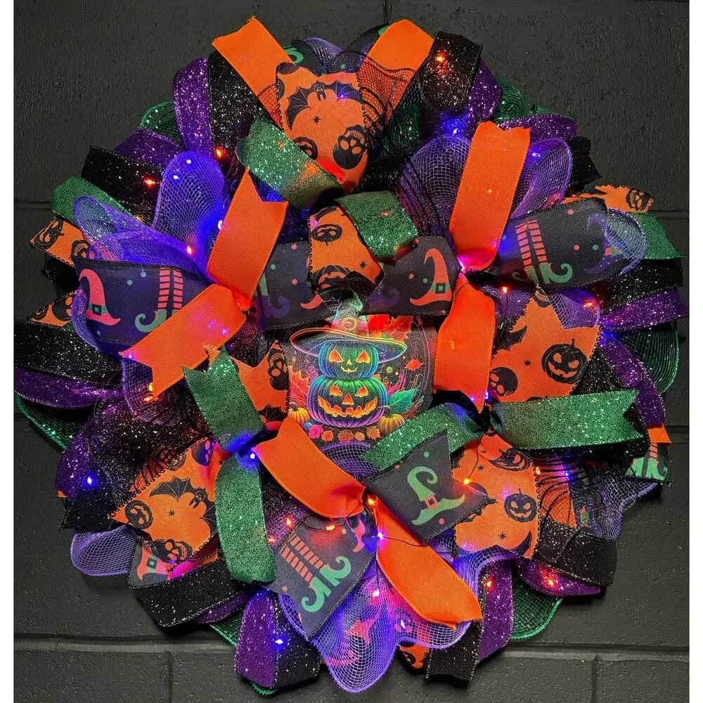 Pre Lit Halloween Wreath Glowing Pumpkin Light Up 24 Inch Handmade Deco Mesh